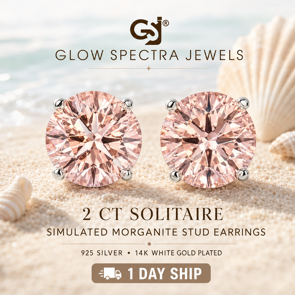 2CT Solitaire Peach Morganite Stone Stud Erring 925 Silver 14k White Gold Plated