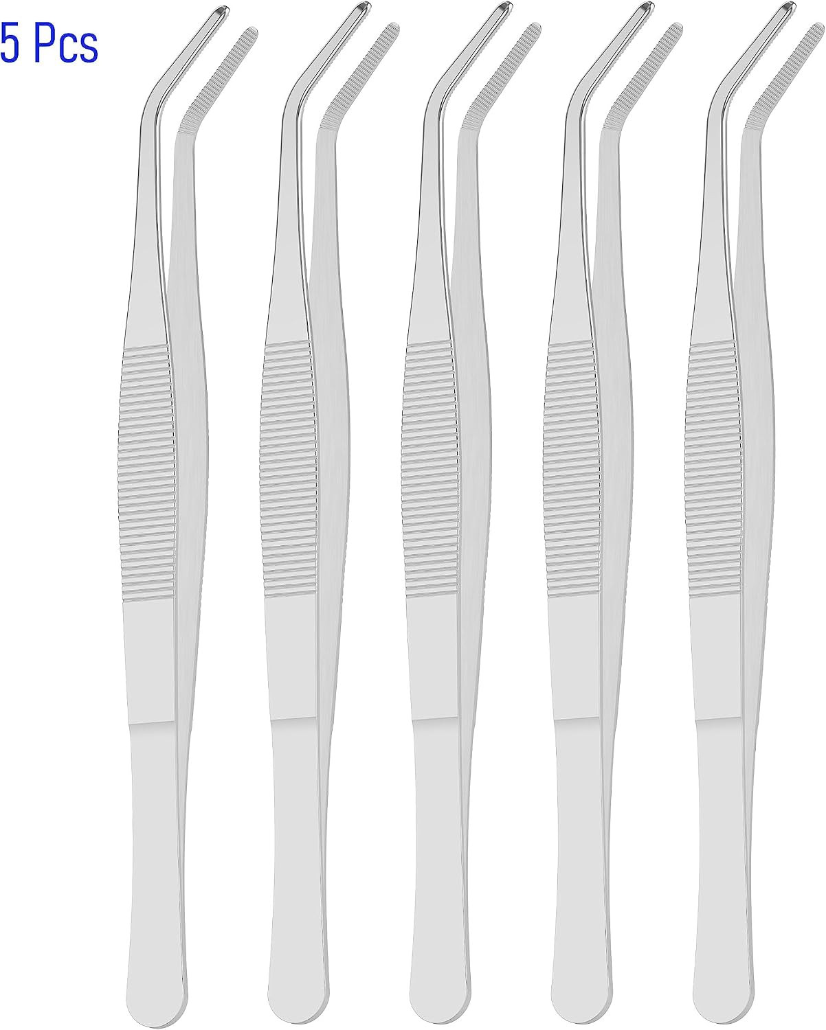 5 PCS 5″ Stainless Steel Tweezers, Curved Blunt, 3/64″ Thick | Round Serrated Ti