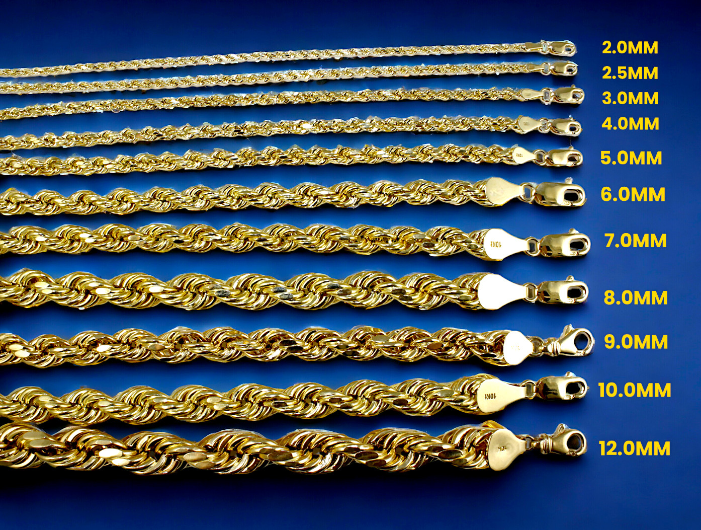 10K Yellow Gold Rope Necklace Bracelet Chain Diamond Cut 2mm-10mm 7″-30″