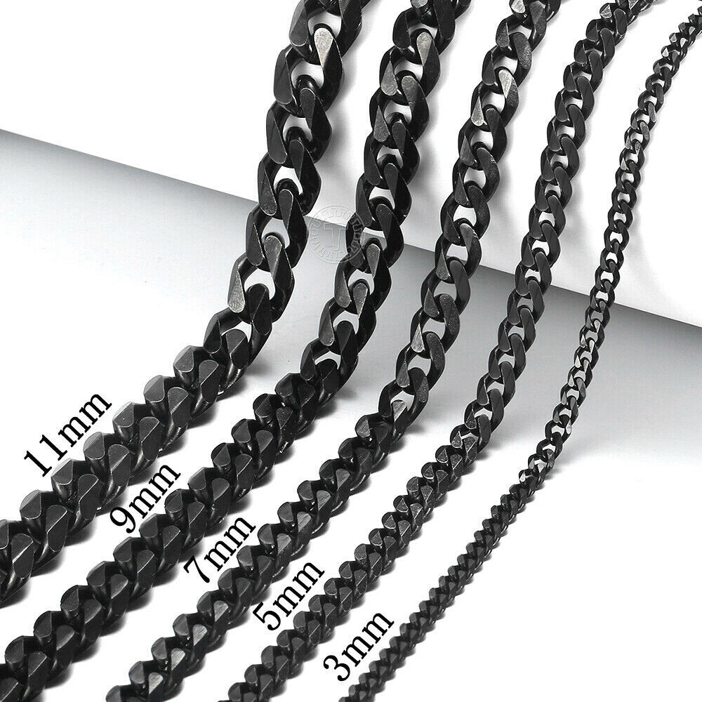 3/5/7/9/11mm Cuban Curb Mens Necklace Black Stainless Steel Link Chain 18″-30″