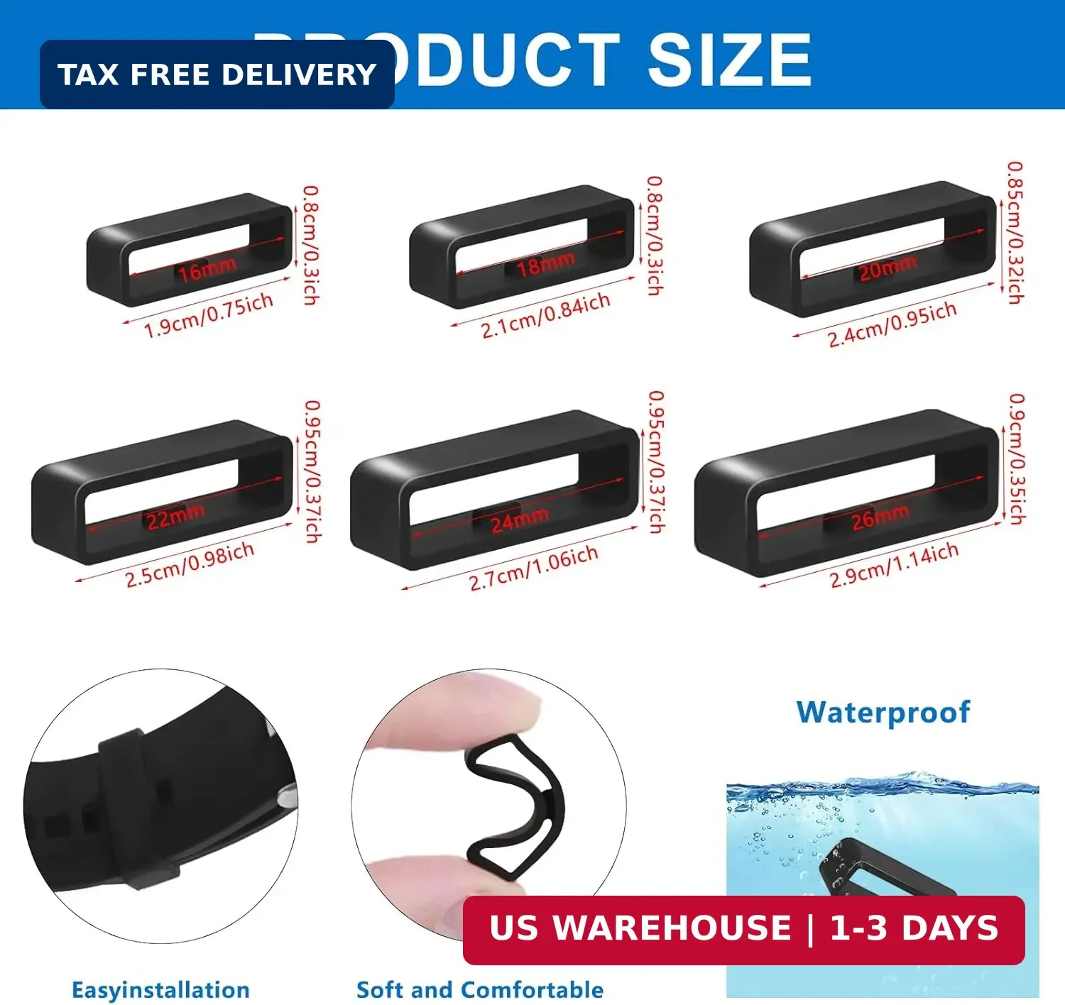 6 Pcs Watch Band Keepers, 16mm/18mm/20mm/22mm /24mm/26mm Watch Strap Holder Loop