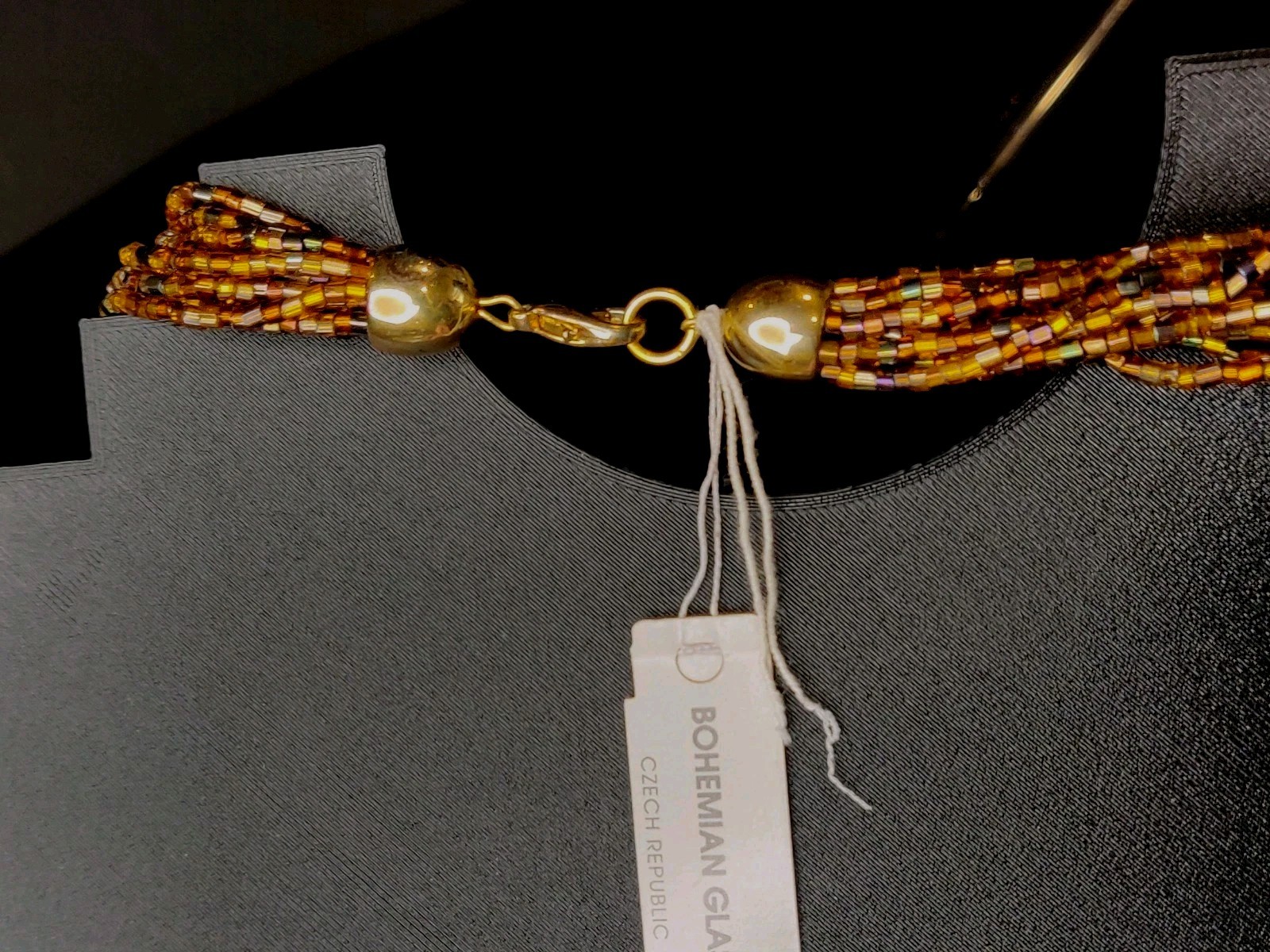 Vintage Czech Republic Boho Caramel Black Gold Glass Bead 12 Strand Necklace 50s