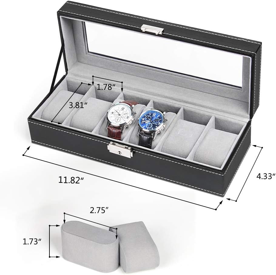 6 Slots Watch Box Organizer for Men, Black Watch Holder Stand Display Storage Ca