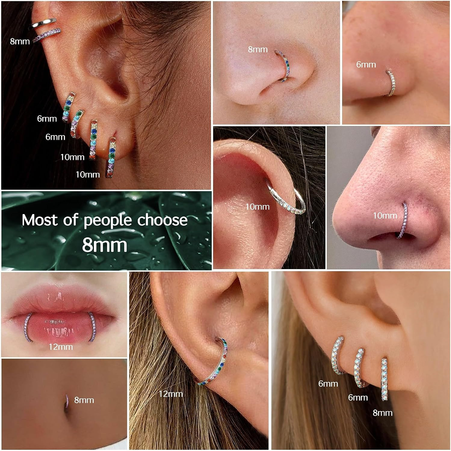 CZ Nose Rings Hoop – 316L Surgical Steel Body Piercing Hoop Clicker 20/18/16G Ea