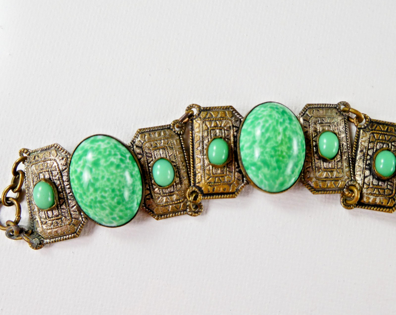 Vintage Czech Ornate Brass Tone Bracelet Filigree Links Peking Glass Cabochons