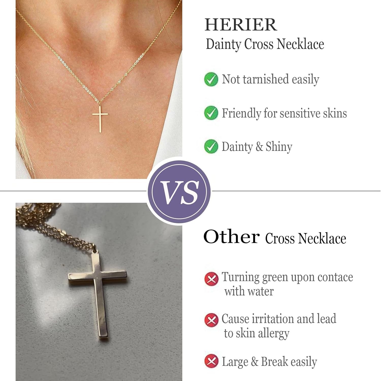 HERIER Cross Necklace for Women – 18K Gold Plated Cross Pendant Necklace Dainty