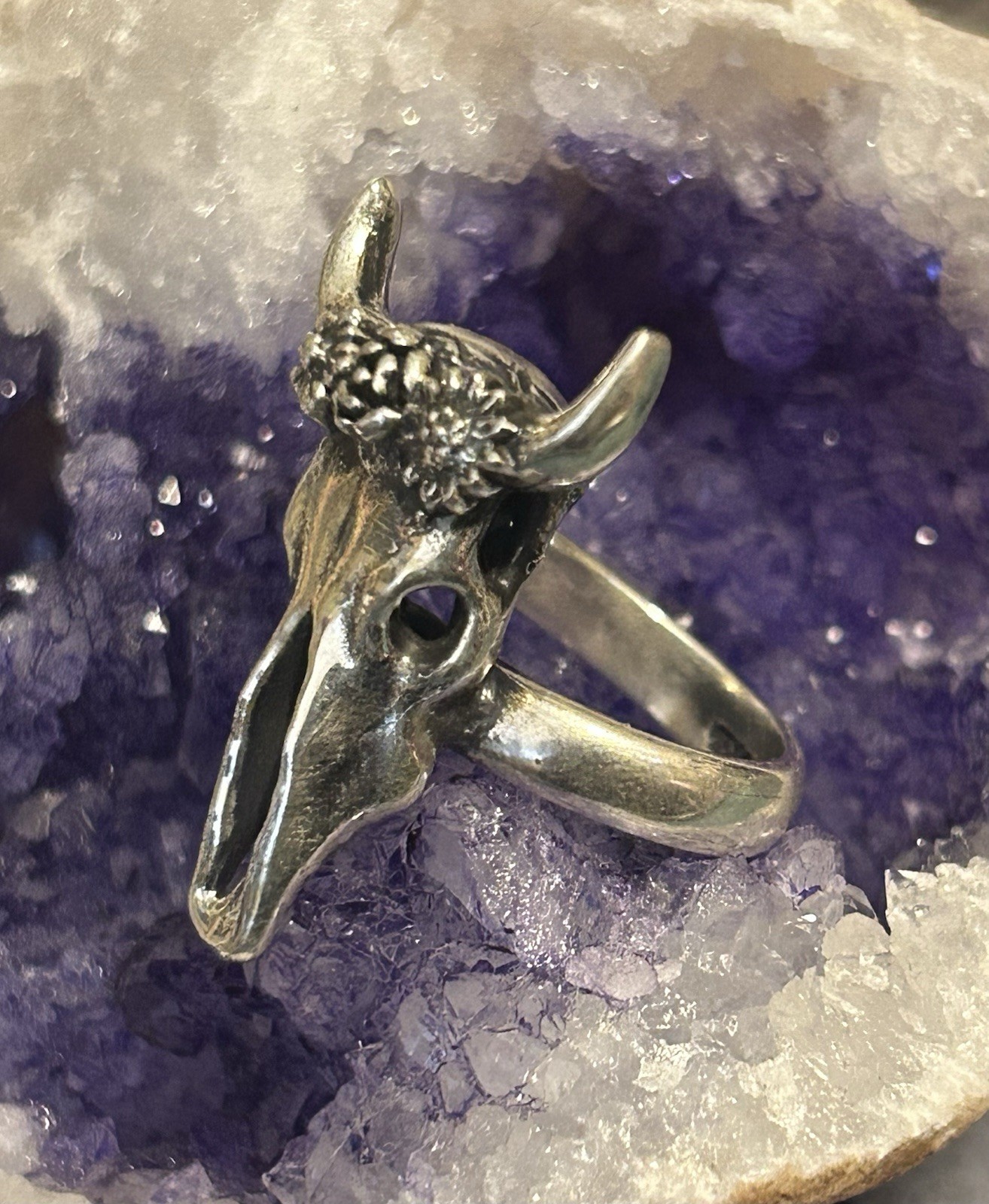 Sterling Silver Modern Taxco Bull Cow Skull w/ Flower Crown Ring Adjustable