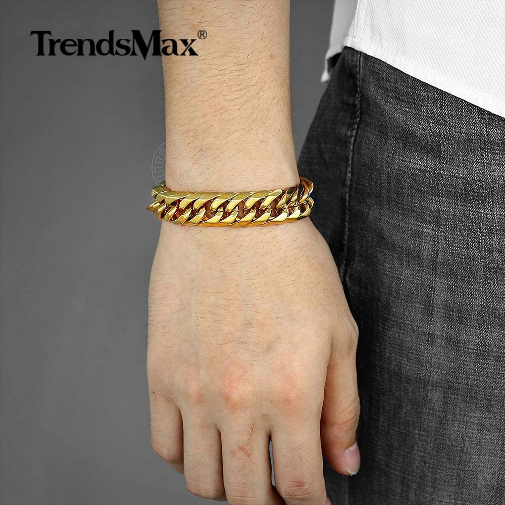 15mm 316L Stainless Steel Mens Chain Curb Cuban Link Bracelet Silver Gold Plated