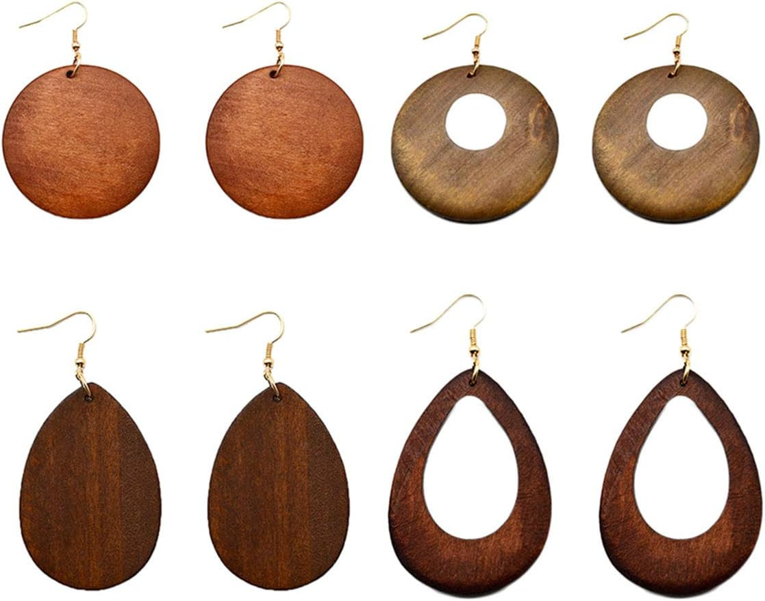 4 Pairs Ethnic Big Geometric round Circle Teardrop Wood Dangle Earrings Wooden D