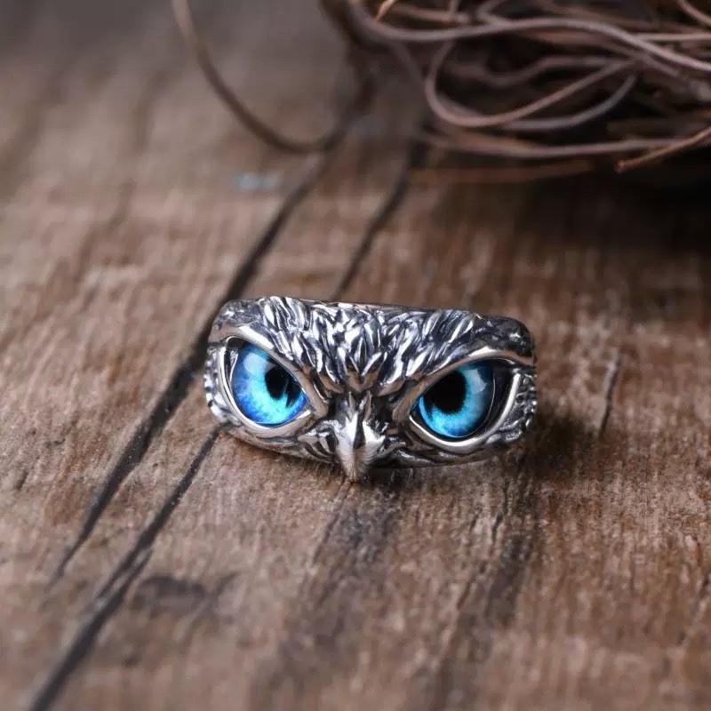 Silver Plated Blue Eye Owl Ring Women Jewelry Rings Adjustable Lab-Created B25
