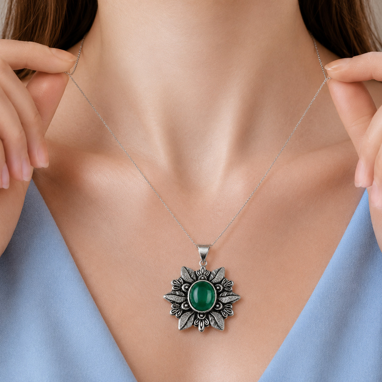 Malachite Gemstone Sterling Silver Jewelry Handmade Unique Jewelry 1.45″ For Her