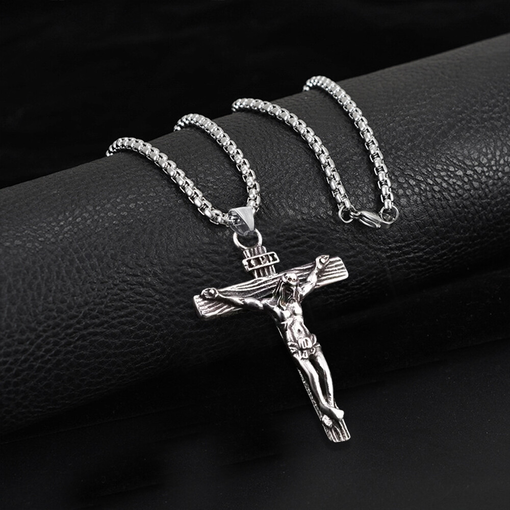 Men Stainless Steel Jesus Christ Crucifix Cross Pendant Chain Necklace