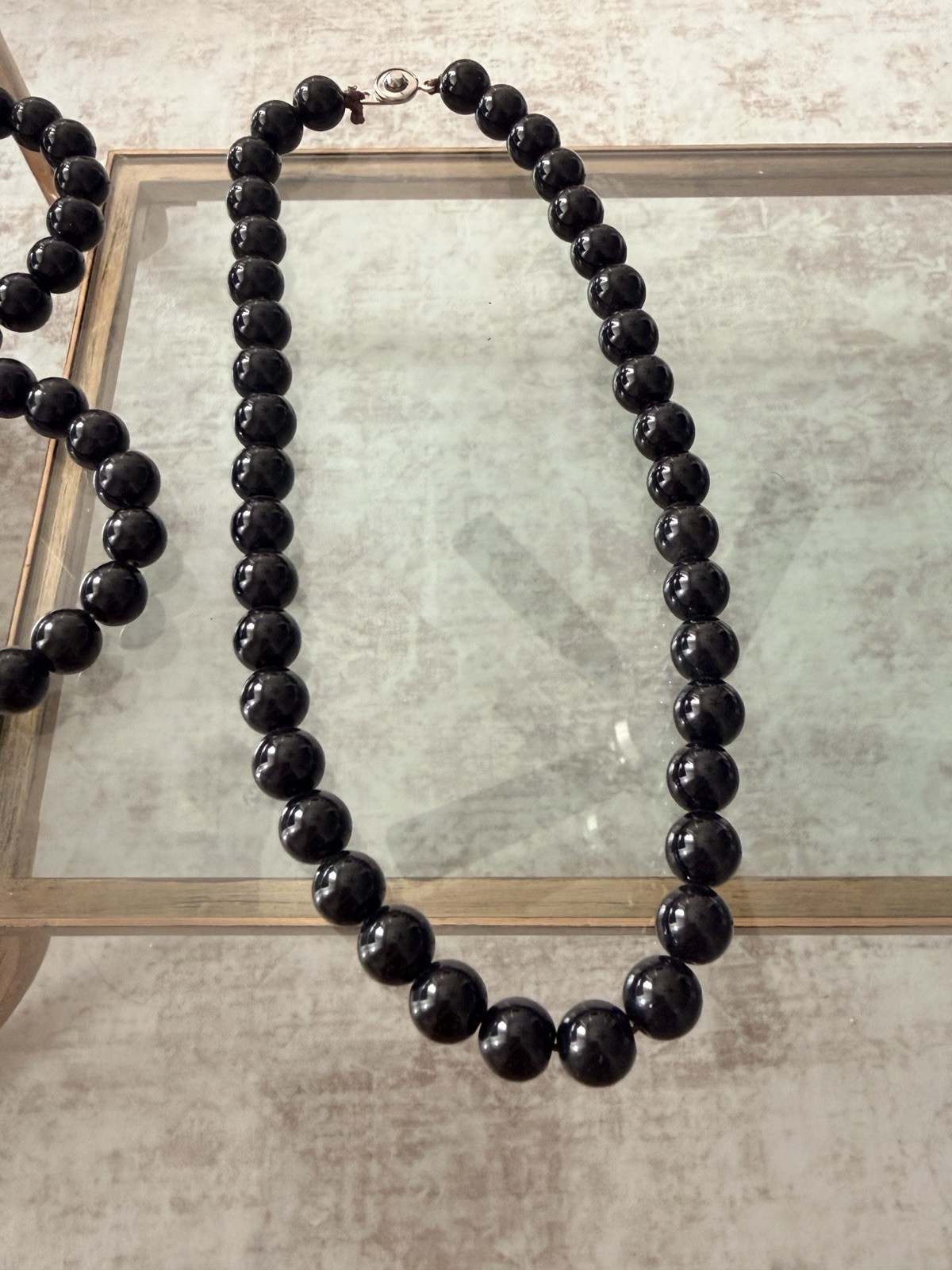 Vintage Black Glass Bead Necklace Chain Spring Ring Clasp with Bracelet Set
