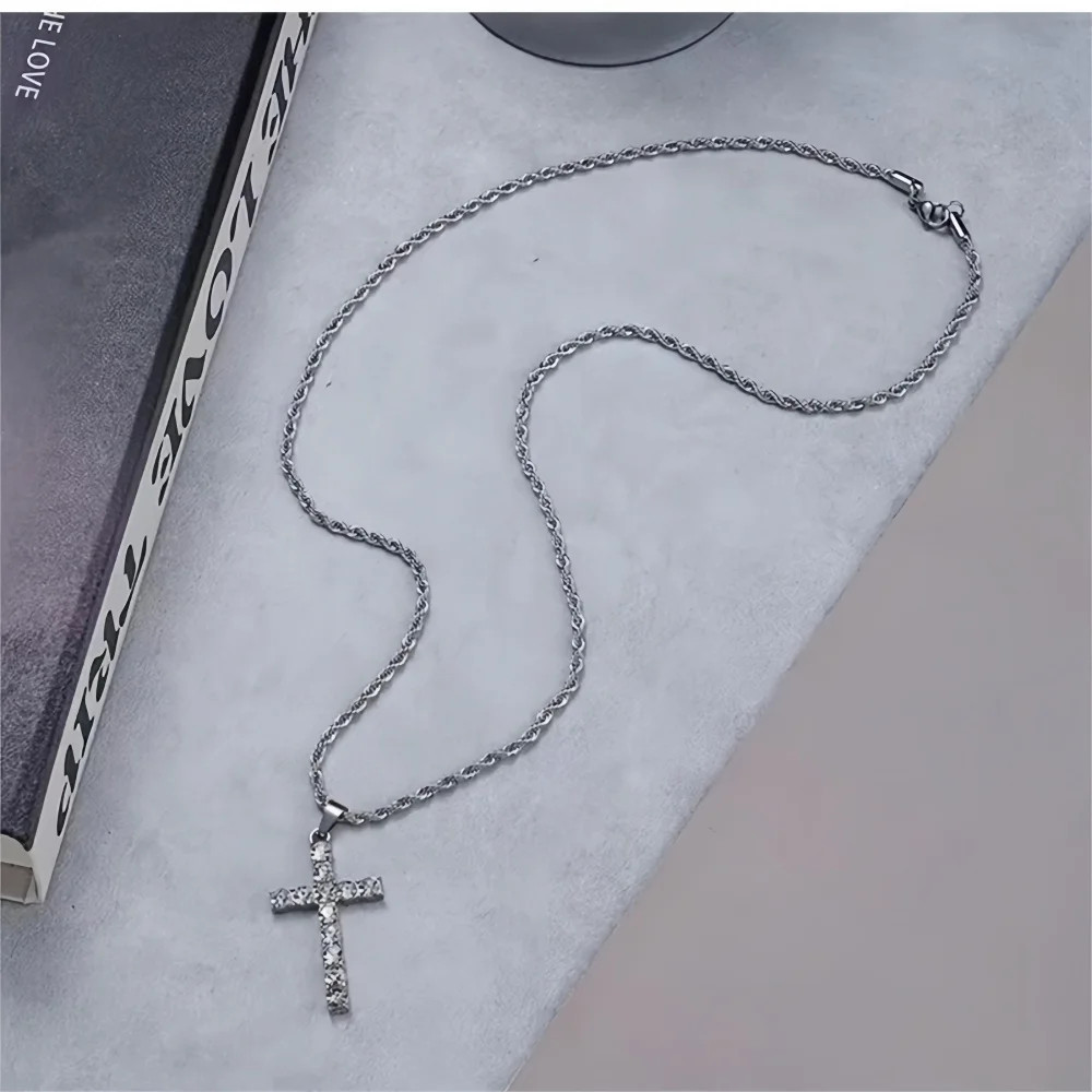 Hip Hop Stainless Steel Zircon Cross Pendant Necklace Retro Men Twist Chain Neck