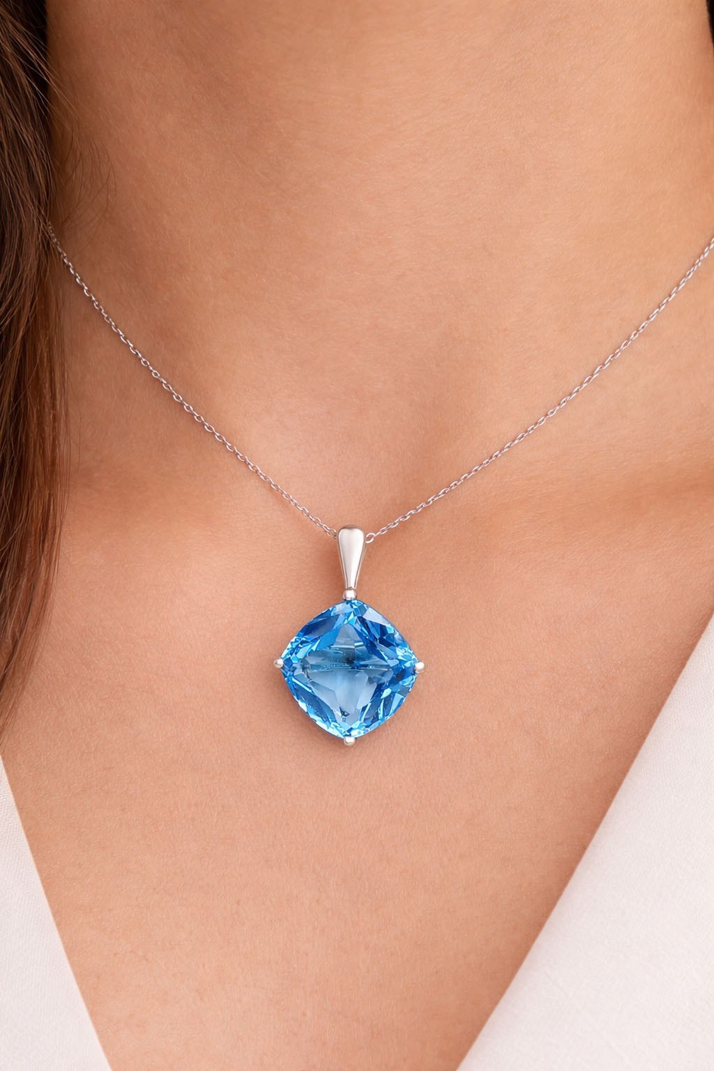 GENUINE 4.35 Cts BLUE TOPAZ PENDANT 14K WHITE GOLD – MADE IN USA -Free Appraisal