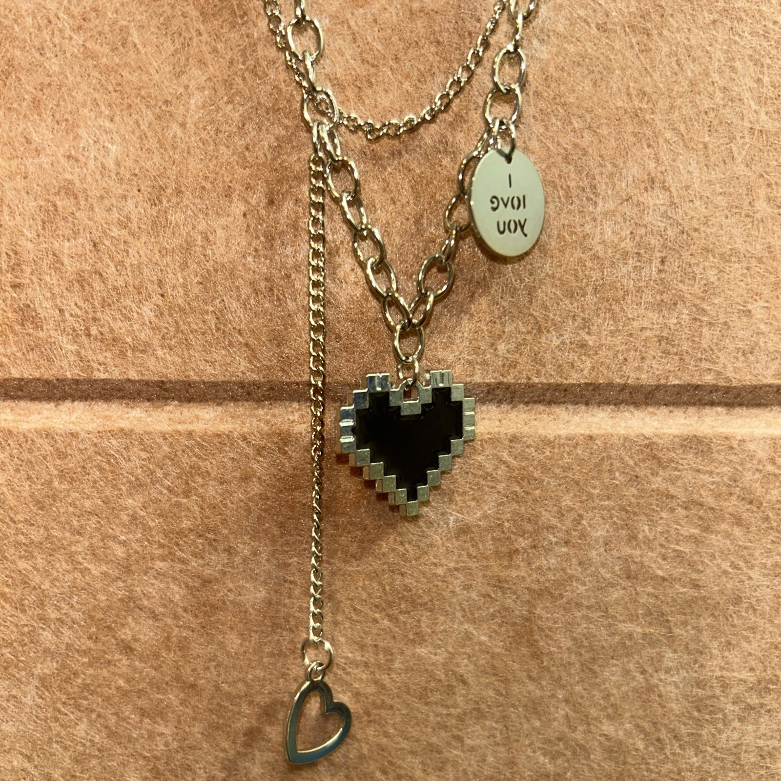 Heart “I Love You” Charm Pendant 2-Layer Chain Necklace Silver Womens Female