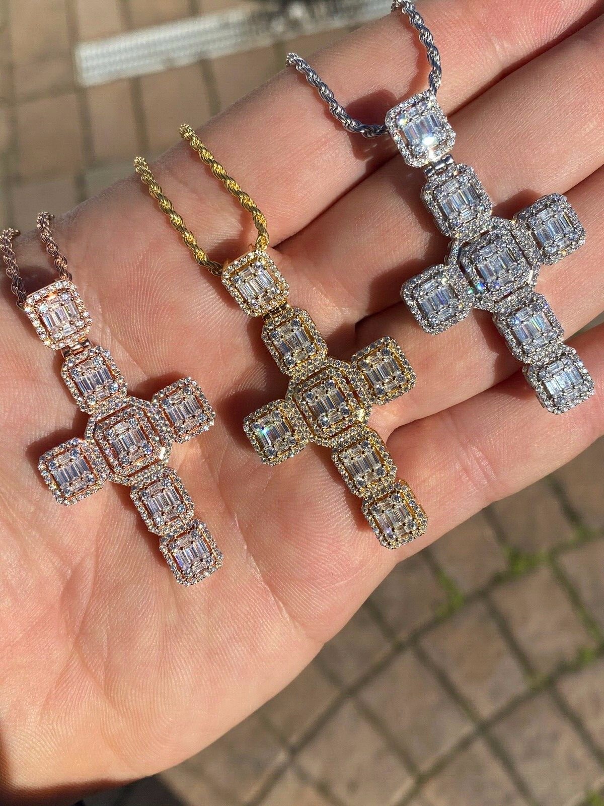 Baguette MOISSANITE Iced Cross Hip Hop Pendant – Pass Tester Silver Gold Plated