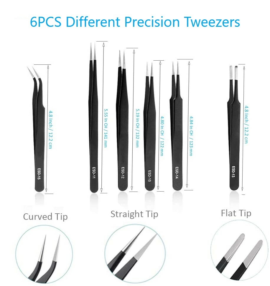 6Pcs ESD Anti-static Tweezers Set Maintenance Repair Stainless Steel Tools Kit