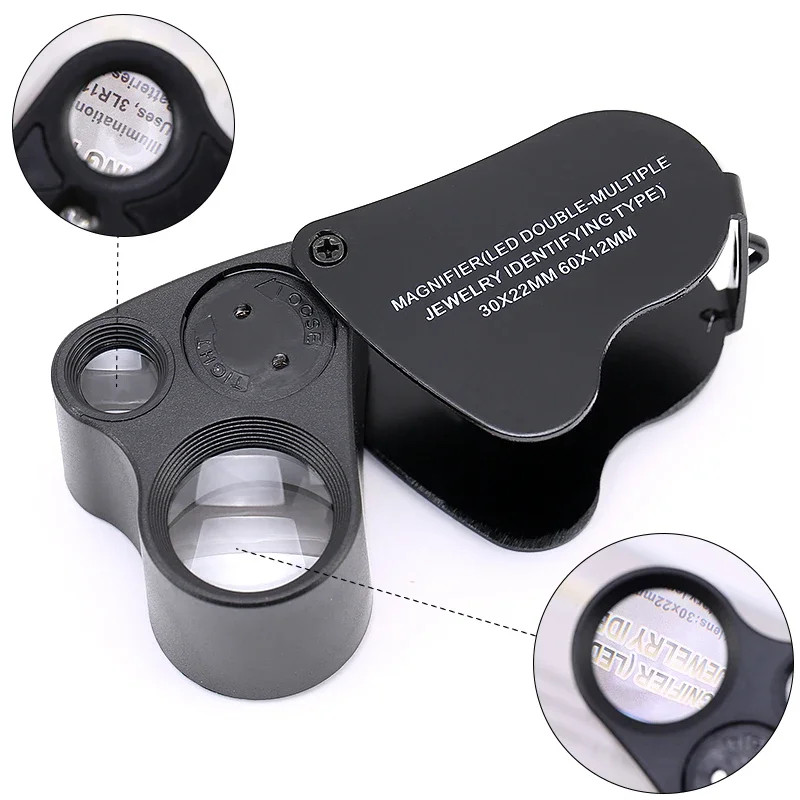 30X 60X Illuminated Jewelers Loupe Foldable Magnifier with LED Light for Jewelry