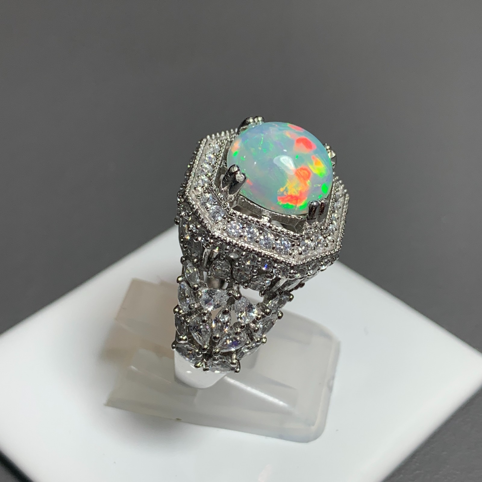Natural 3.00 Ct Full Fire Ethiopian White Opal Designer 925 Silver Ring