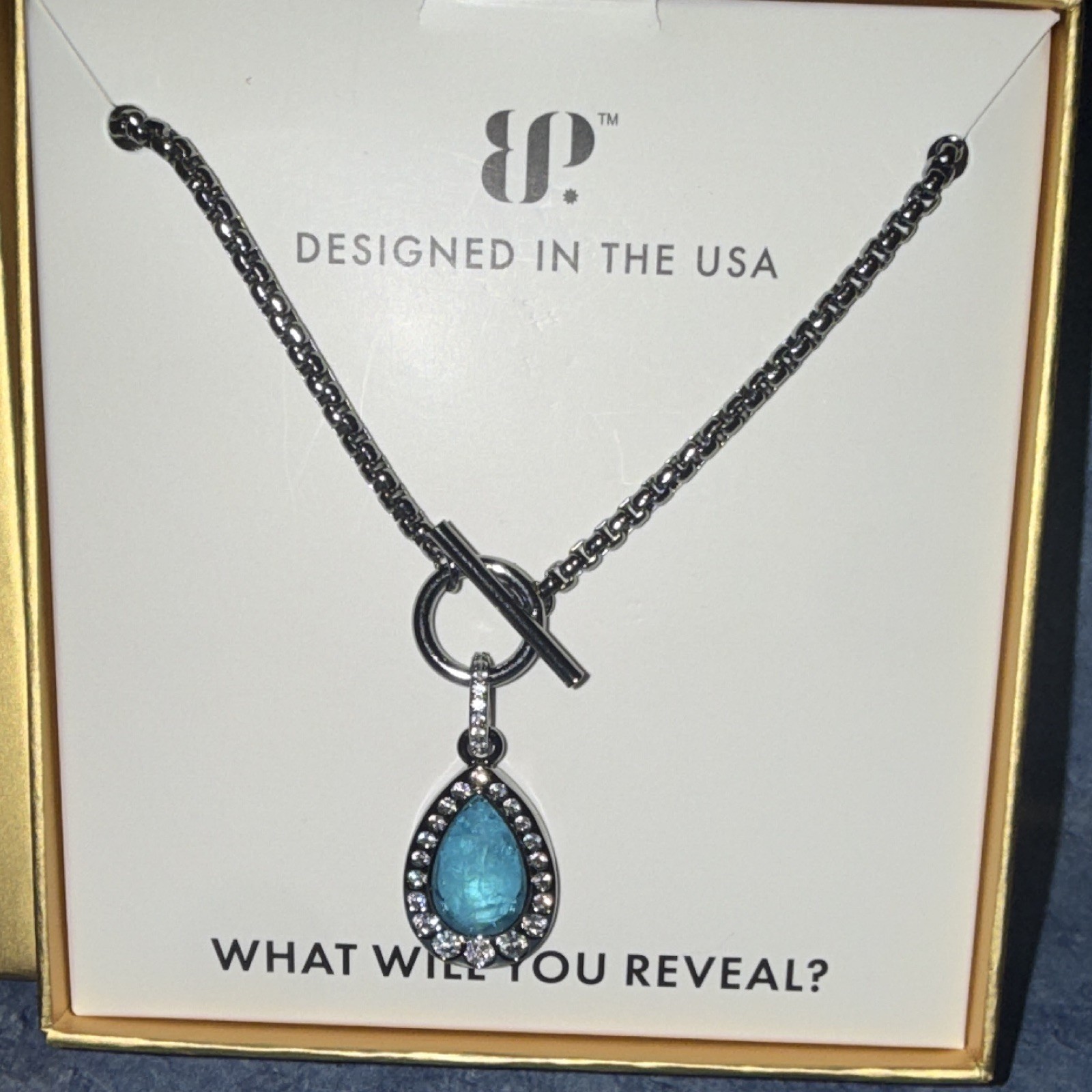 BP Gem Society The Golden Drop Necklace NK32790 Aqua Blue Quartz Adjustable