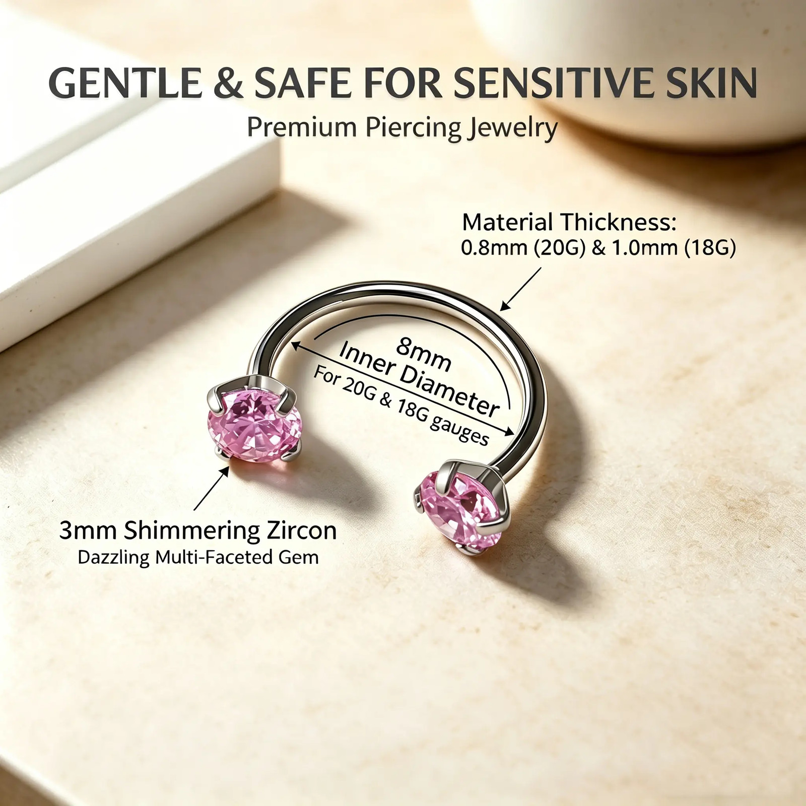 20G(0.8Mm)/18G(1.0Mm) 8Mm Horseshoe Nose Hoop Internally Threaded Gems Nose Ring