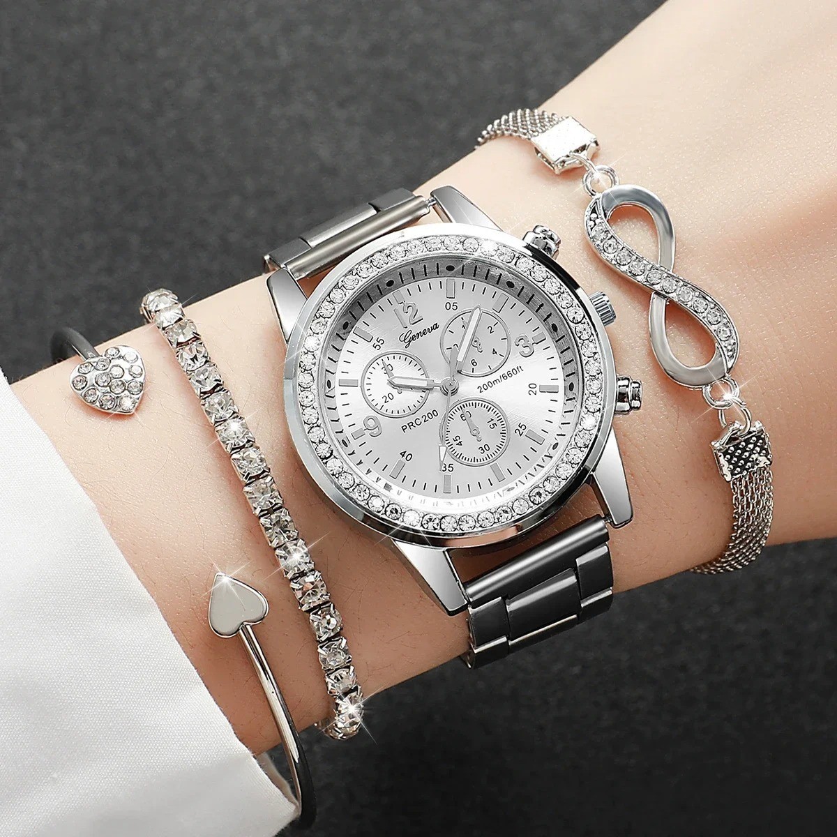 4PCS/Set Fashion Rhinestone Women Watches Luxury Steel Band Ladies Quartz Watch