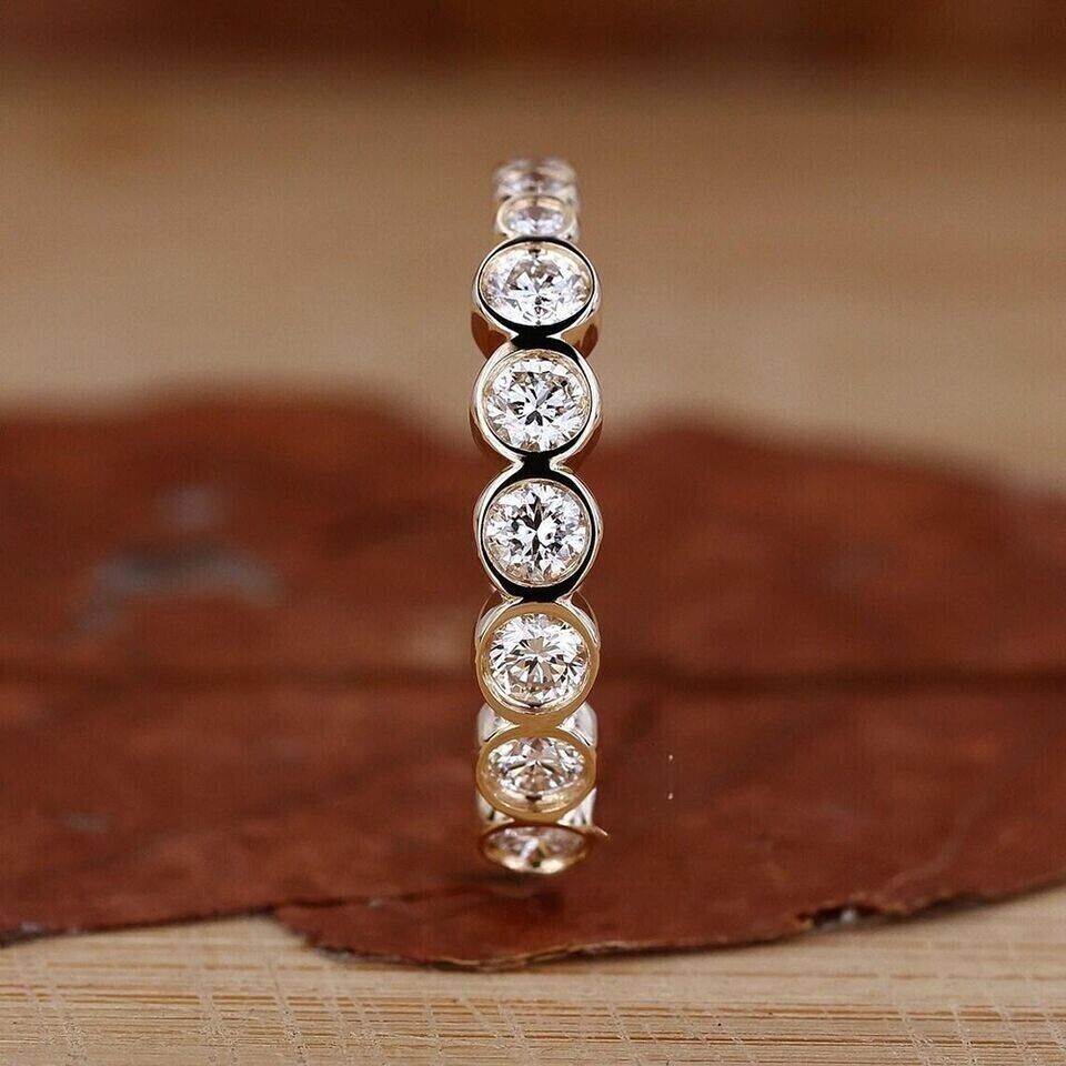 Bezel Set 1.00Ct Round Lab Grown Diamond Full Eternity Ring Band 14k Yellow Gold