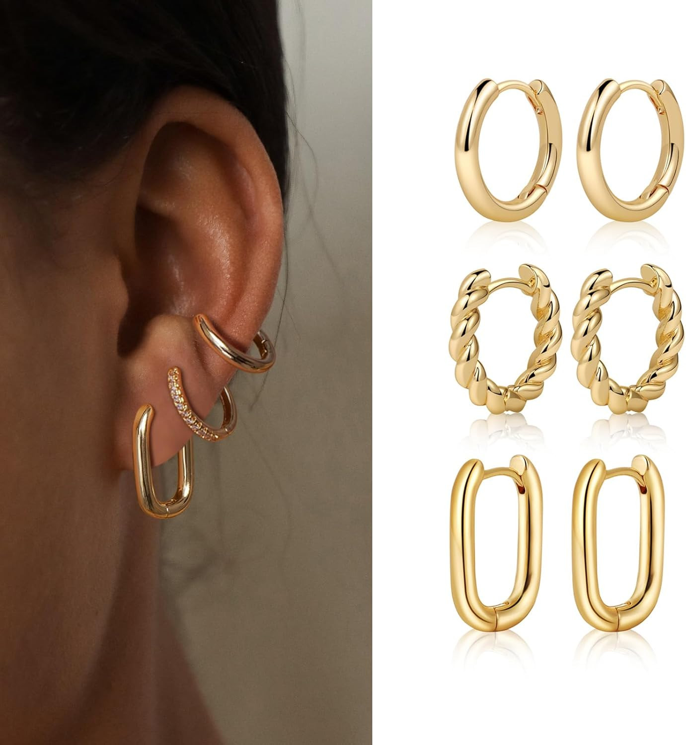 Gold/Sliver Chunky Hoop Earrings Set for Women, 14K Gold Plated Twisted Huggie H