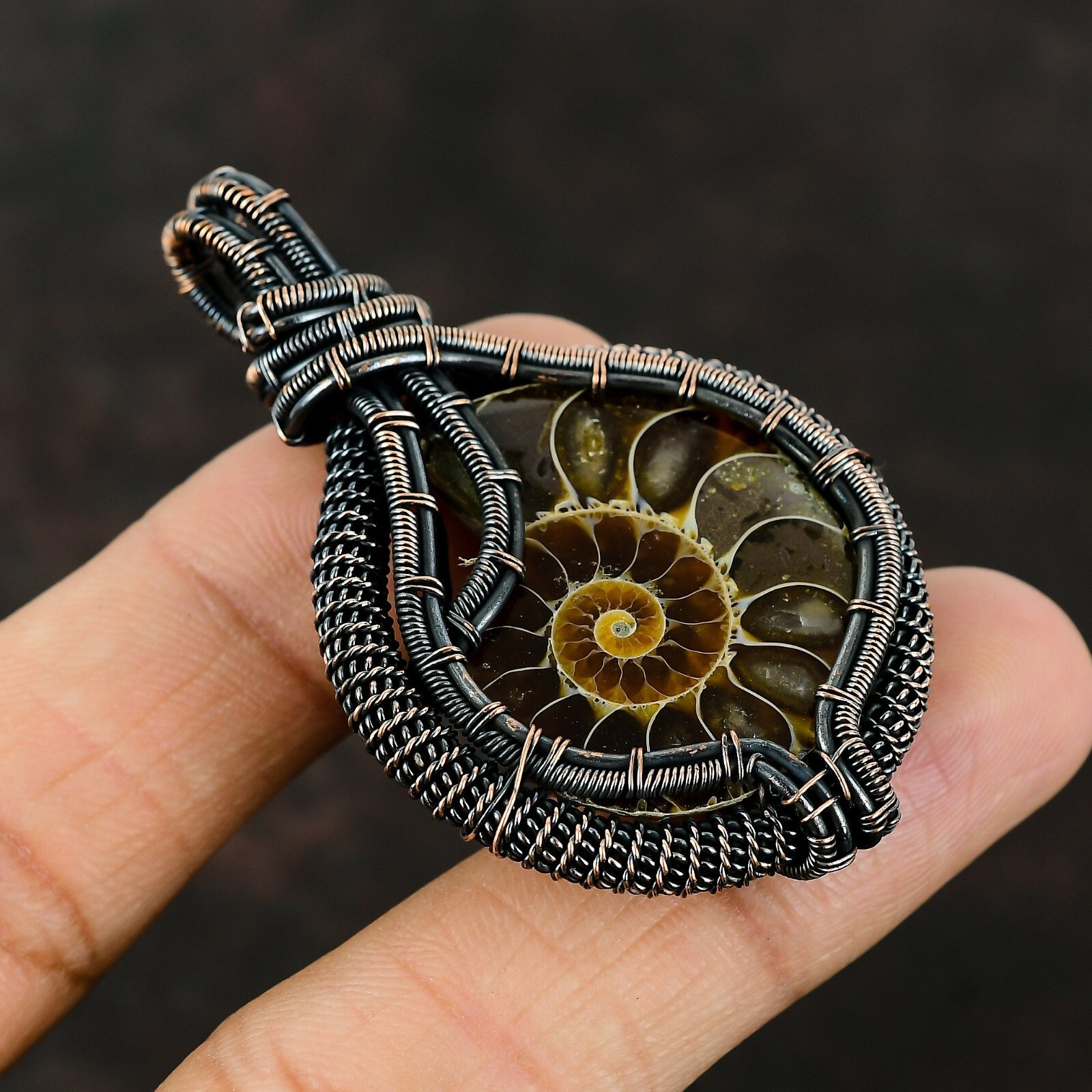 Ammonite Fossil Wire Wrapped Pendant Handcrafted Copper Gift Jewelry 2.56″