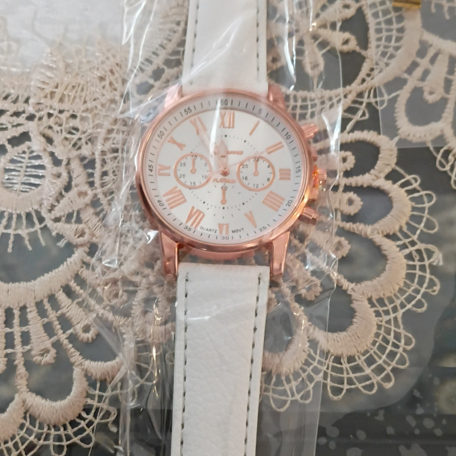 Geneva Rose Gold Tone 40mm Quartz Analog Watch White Strap Roman Numeral Dial