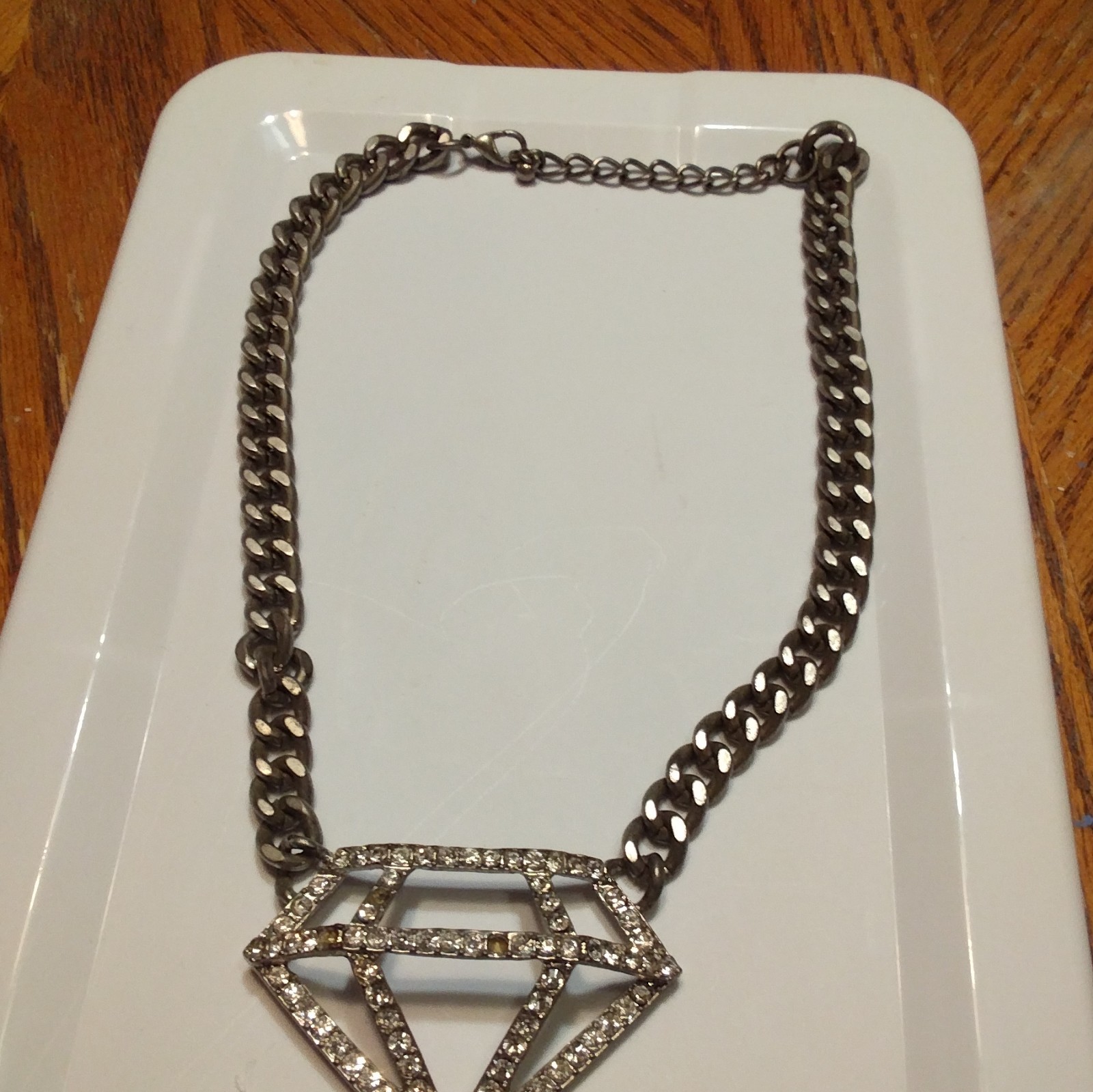 Gunmetal/Silver Tone Curb Link Chain Necklace Diamond Pavé Rhinestone Charm