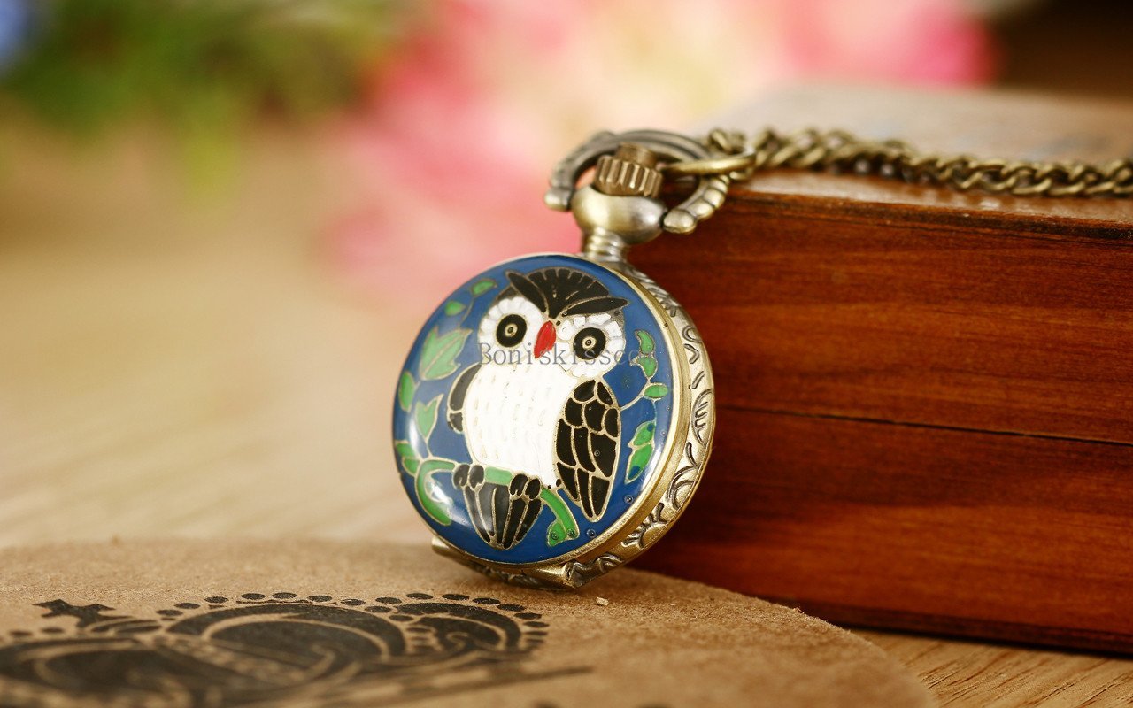 Vintage Brozne Alloy Enamel Night Owl Quartz Pocket Watch Pendant Chain Necklace