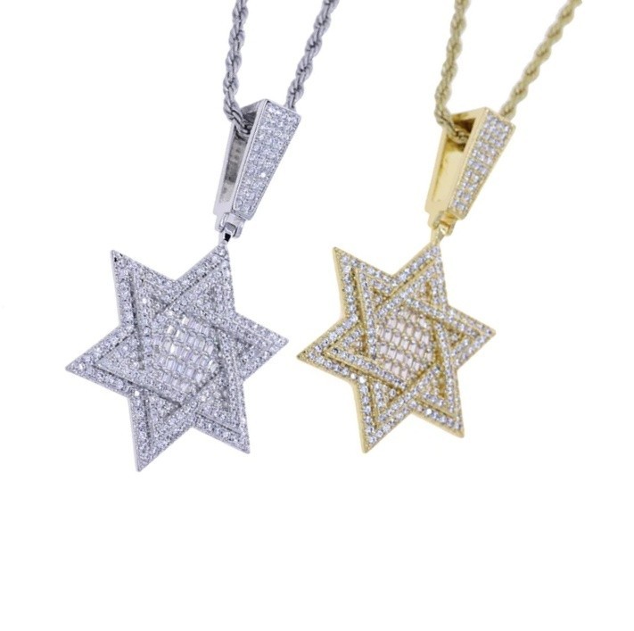 Hip Hop Star of David Pendant Necklace 5A CZ Iced Bling Double Layer Charm Men