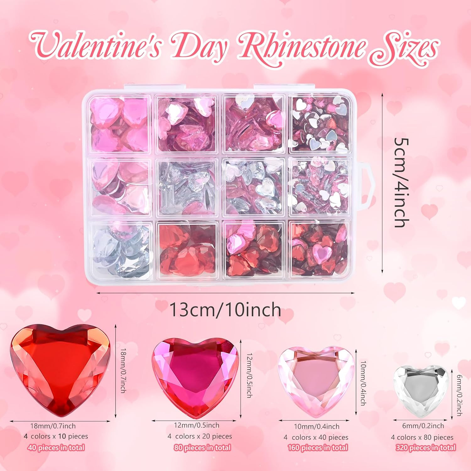 600 Pcs Acrylic Heart Rhinestone 6-18 Mm Valentines Heart Gems Multi Color Flat