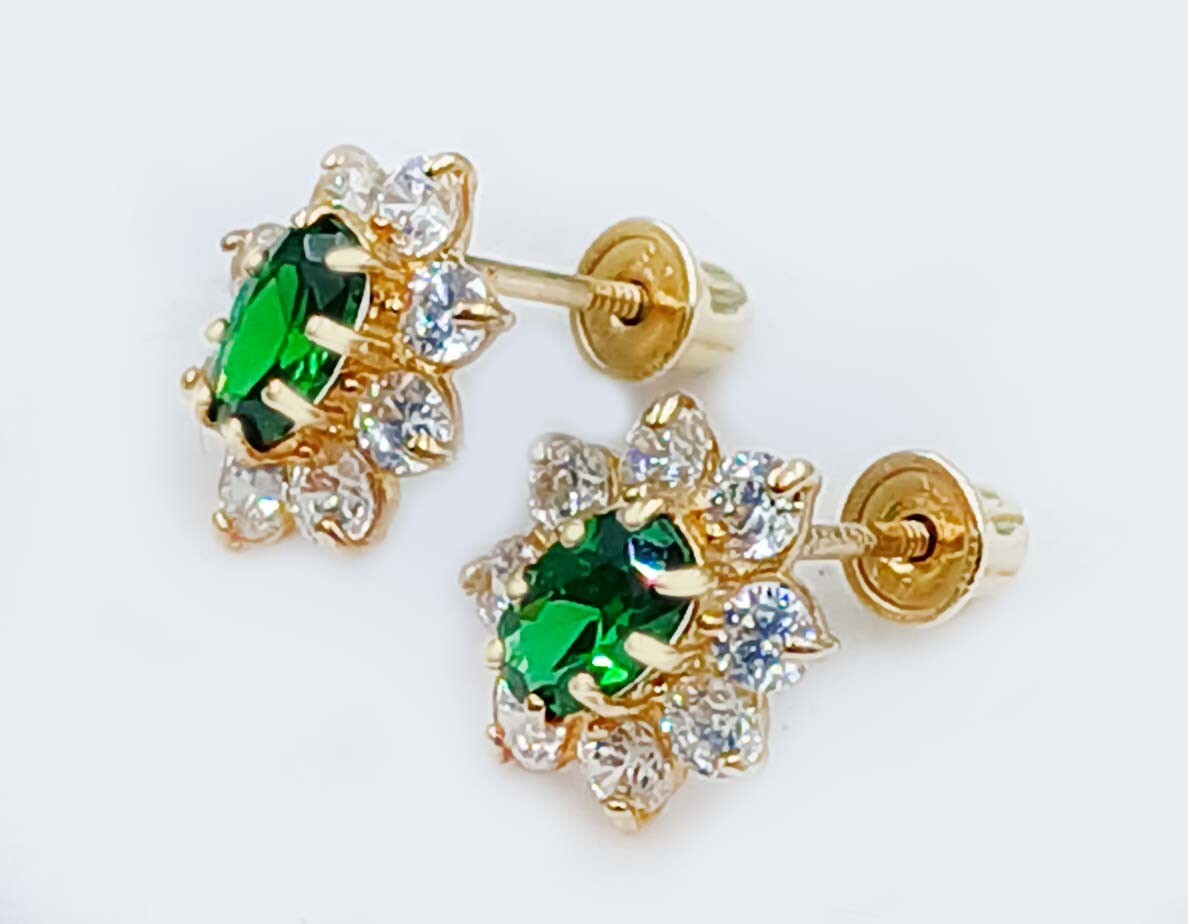 LAB CREATED EMERALD & WHITE SAPPHIRE STUD FLOWER EARRINGS 14K GOLD – Screw Back