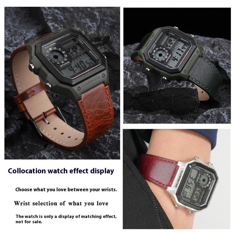 For Casio AE-1200 AE-1300 Genuine Leather Watchband Retro Burst Pattern Strap 18