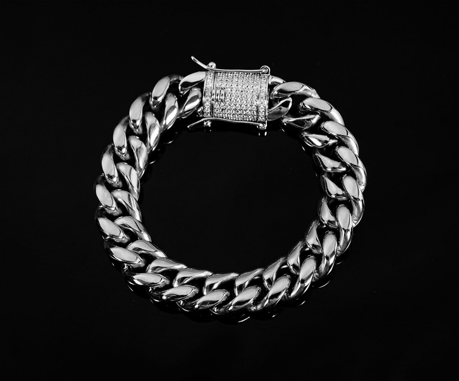 White Gold Plated Stainless Steel Miami Cuban Link Bracelet Chain With CZ Clasp