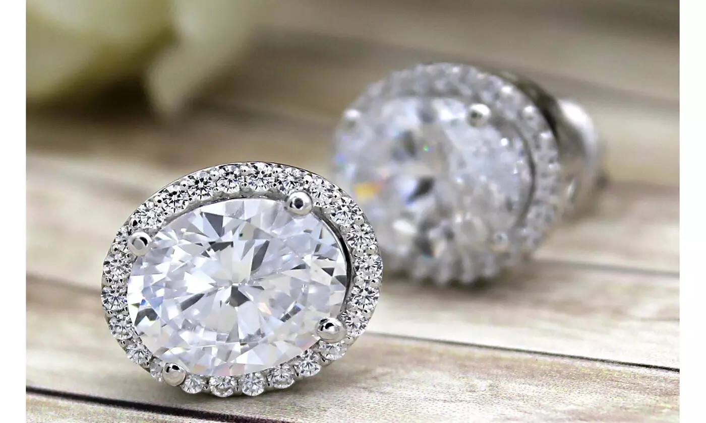 18k White Gold Plated Oval Cut Halo Stud Earrings Made With Swarovski Elements