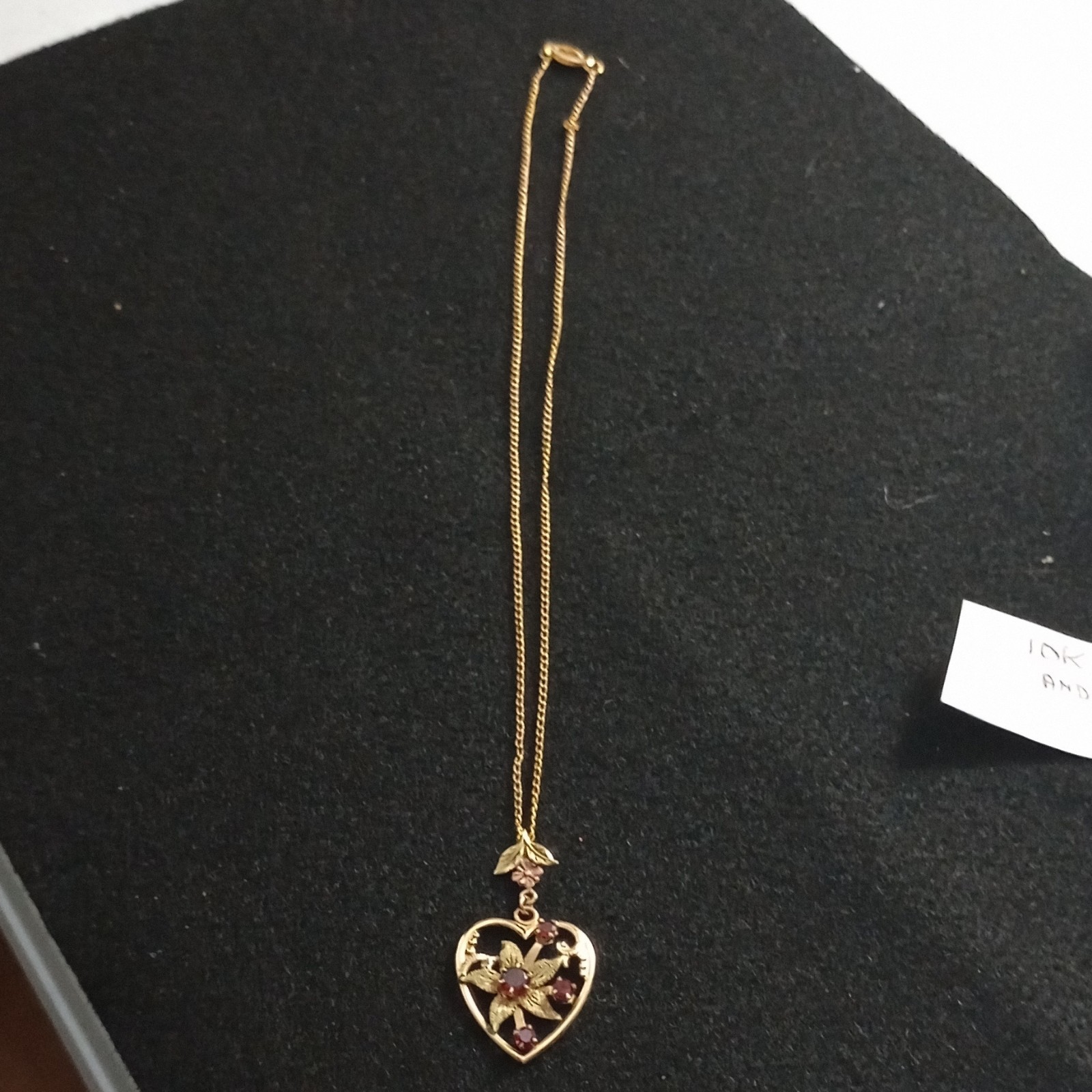 10K Yellow Gold Garnet Heart Pendant 18″ Snake Chain Necklace Red Stones