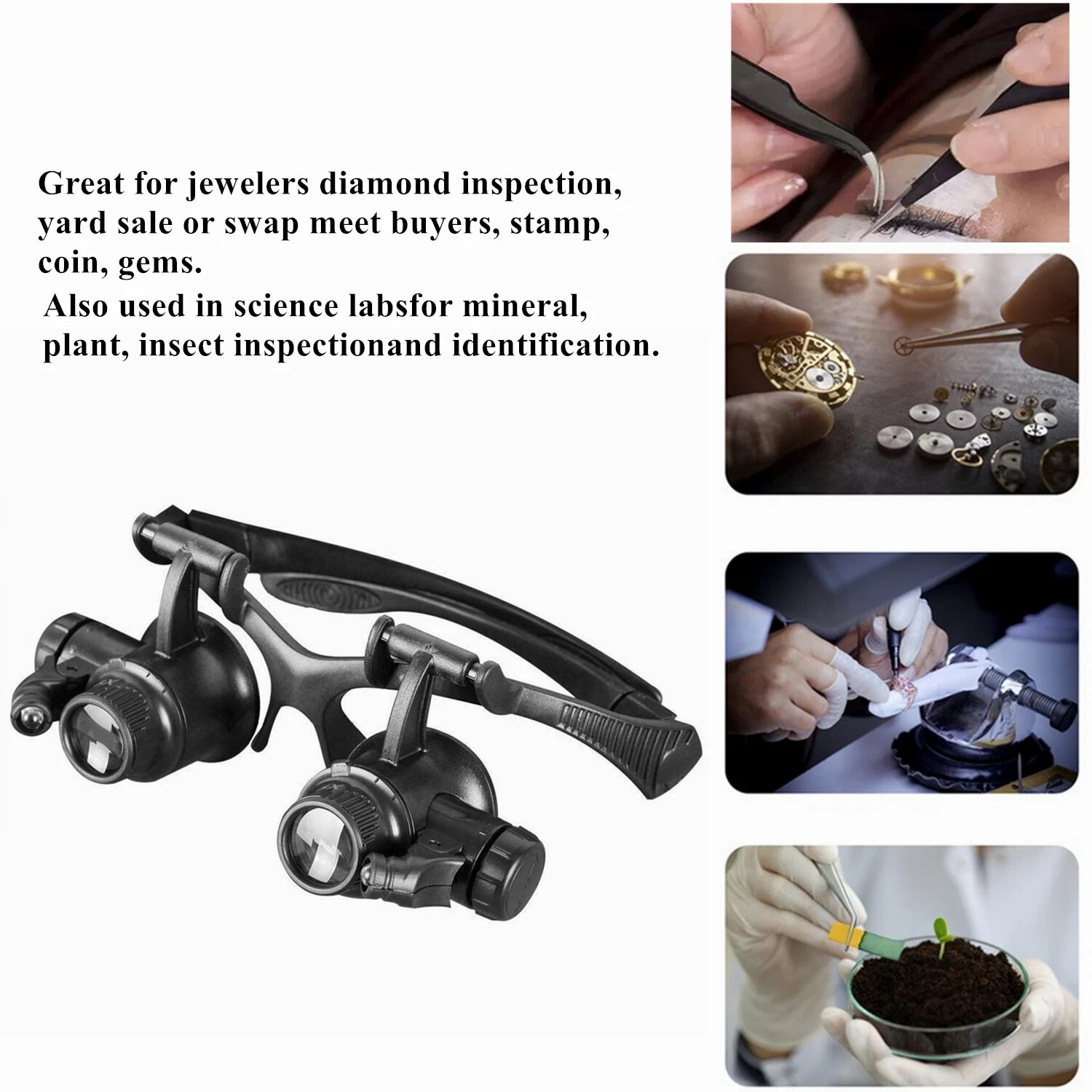 Double Eye Jewelry Watch Repair Magnifier Loupe Glasses With LED Light 8 Lens US