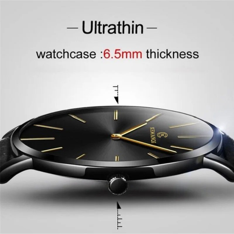 Men Trendy Ultra Thin Minimalist Watch Slim Leather Strap Stainless Steel Quartz