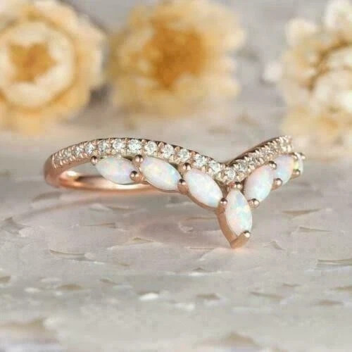 Marquise Cut Simulated Fire Opal Flower Wedding Ring In 14K Rose Gold Plated
