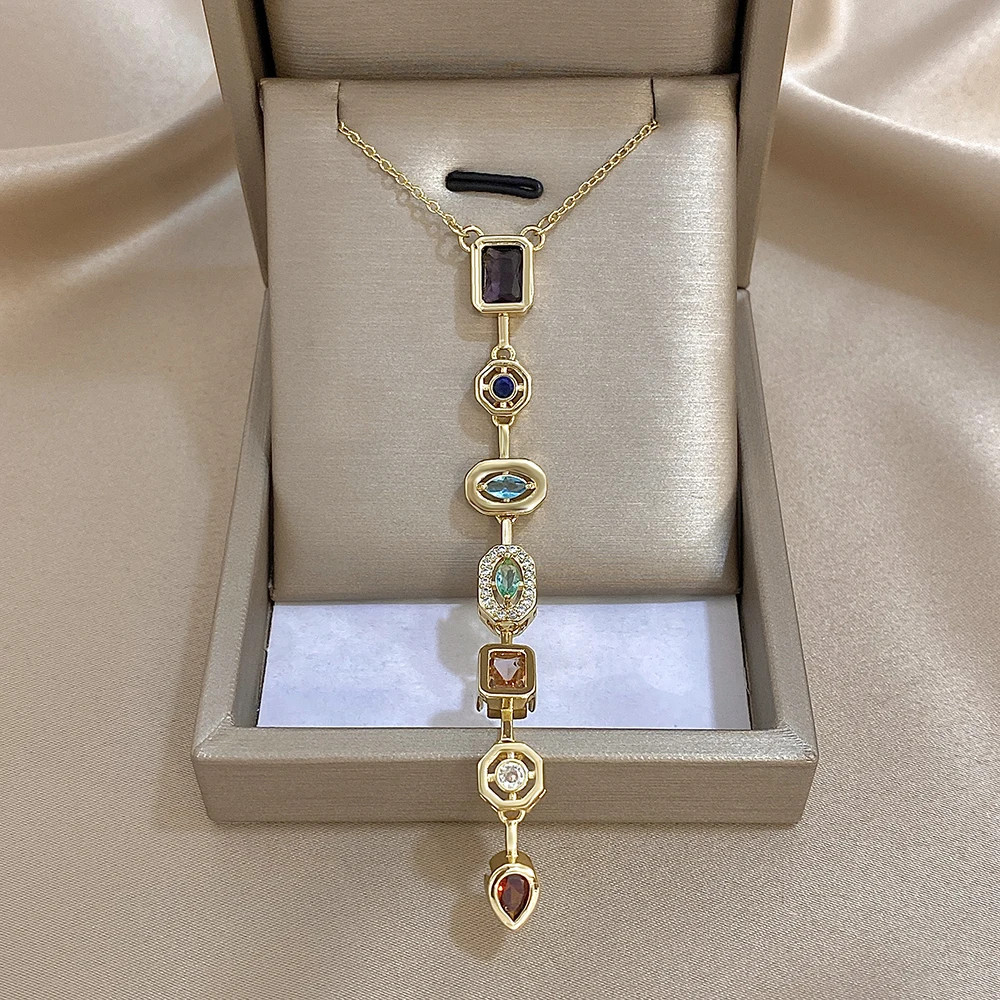 Vintage Geometric Colorful Zircon Long Pendant Necklace for Women Gold Plated