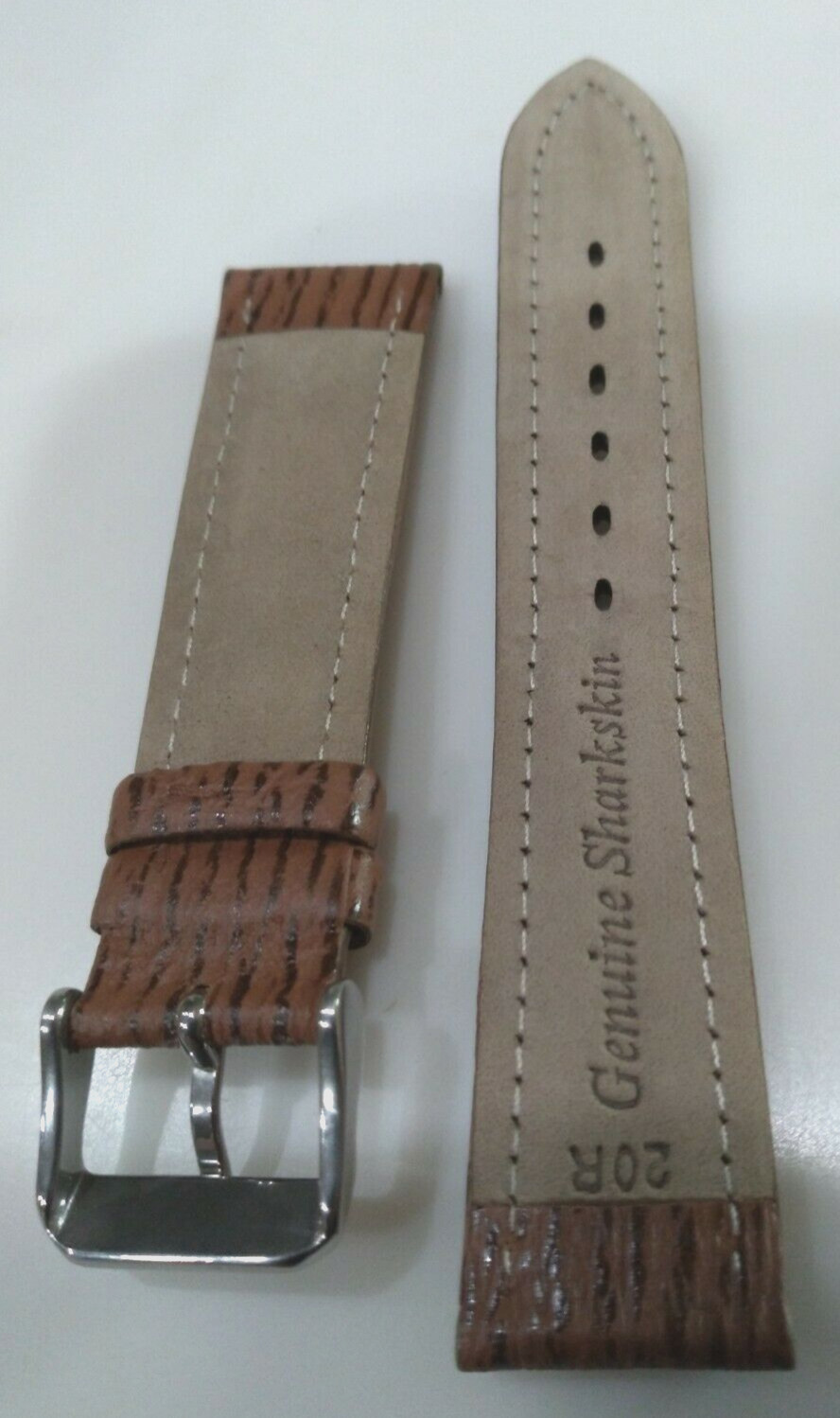 Brown Genuine Shark Sharkskin 20mm Regular Padded Watch Band Silver Tone Buckle