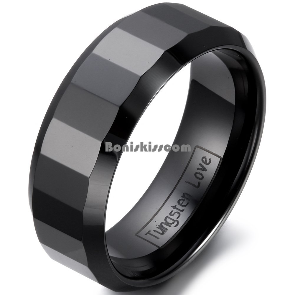 8 mm Comfort Fit Black Ceramic Faceted Ring Men’s Anniversary Wedding Band