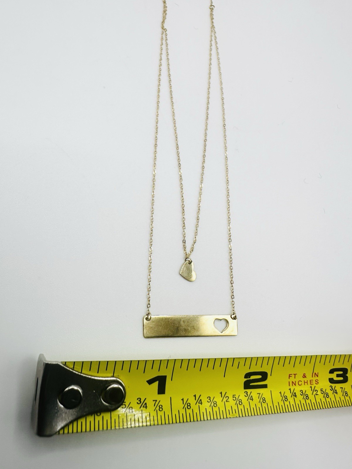 14K Gold Double Layer Bar Necklace Heart Cutout Heart Charm 20″ Fine Jewelry
