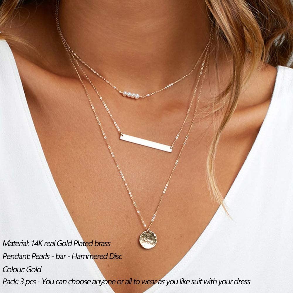 Turandoss 3 Layered 16+18+23 Inch, “3PCS – simulated Pearls&Bar&Hammered Disc