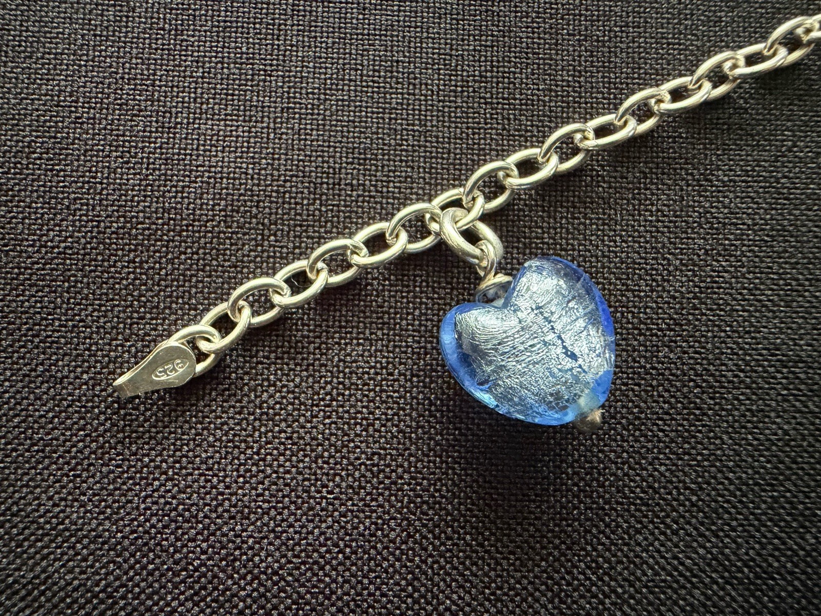 Charm Bracelet Sterling Silver 925 Blue Glass Heart Belcher Chain 19cm 6.8g