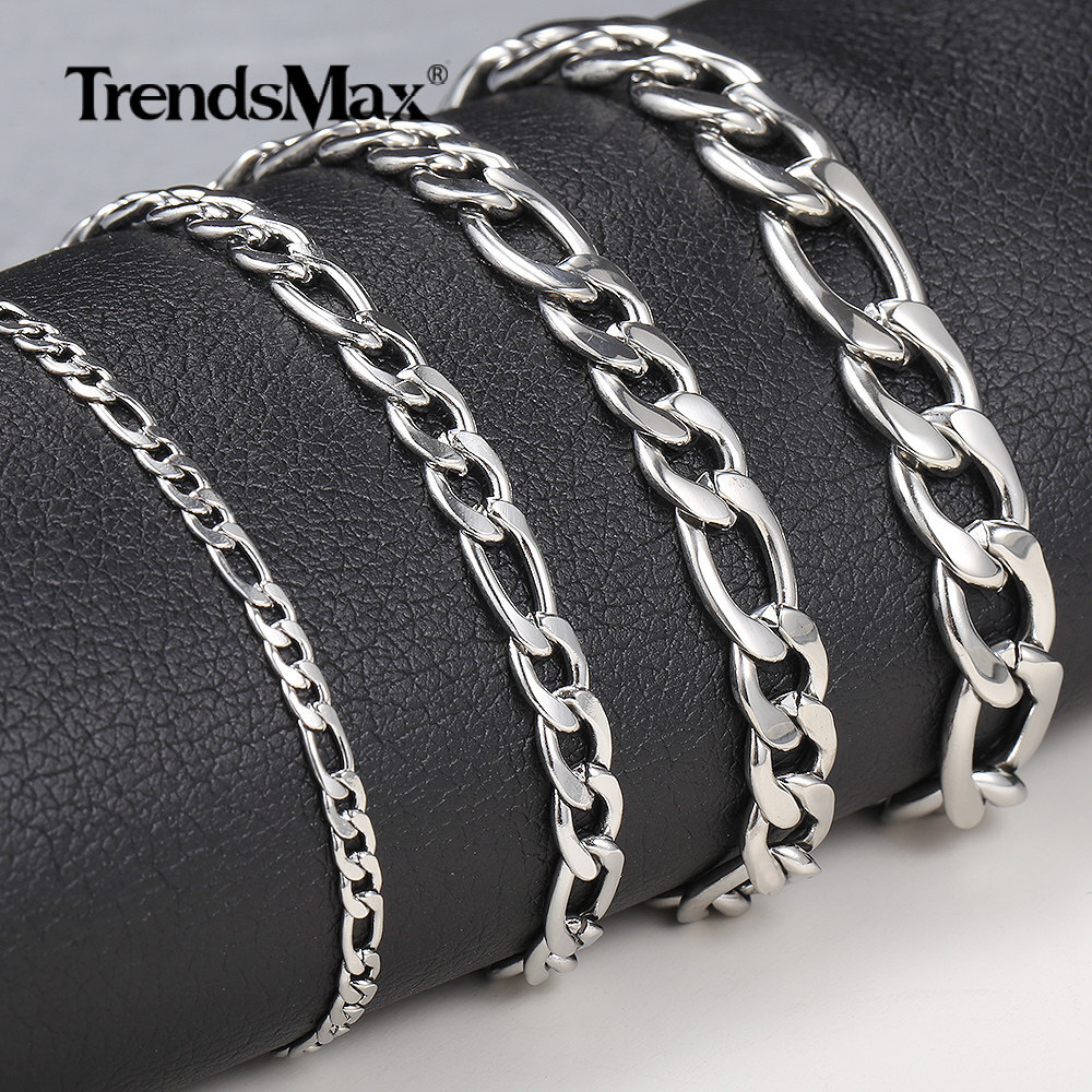 3/5/7/9mm Silver/Gold Plated Stainless Steel Figaro Link Chain Bracelet 7-10 in